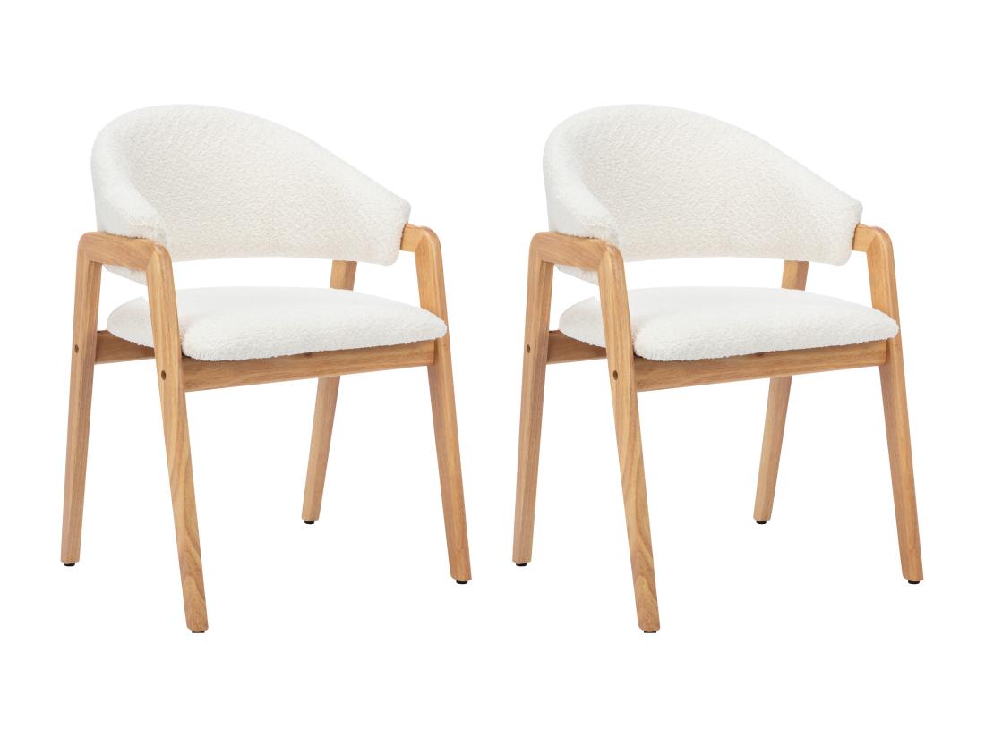 Vente Unique Lot De 2 Chaises Avec Accoudoirs En Tissu Bouclette Et Bois D'hévéa - Blanc Et Naturel - SOLUNA
