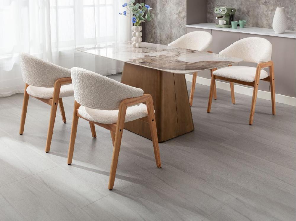 vente unique Lot de 2 chaises avec accoudoirs en tissu bouclette et bois d'hévéa - Blanc et naturel - SOLUNA