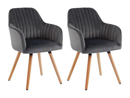 Vente Unique Lot De 2 Chaises Avec Accoudoirs En Velours Et Pieds Bois De Hêtre - Gris - ELEANA