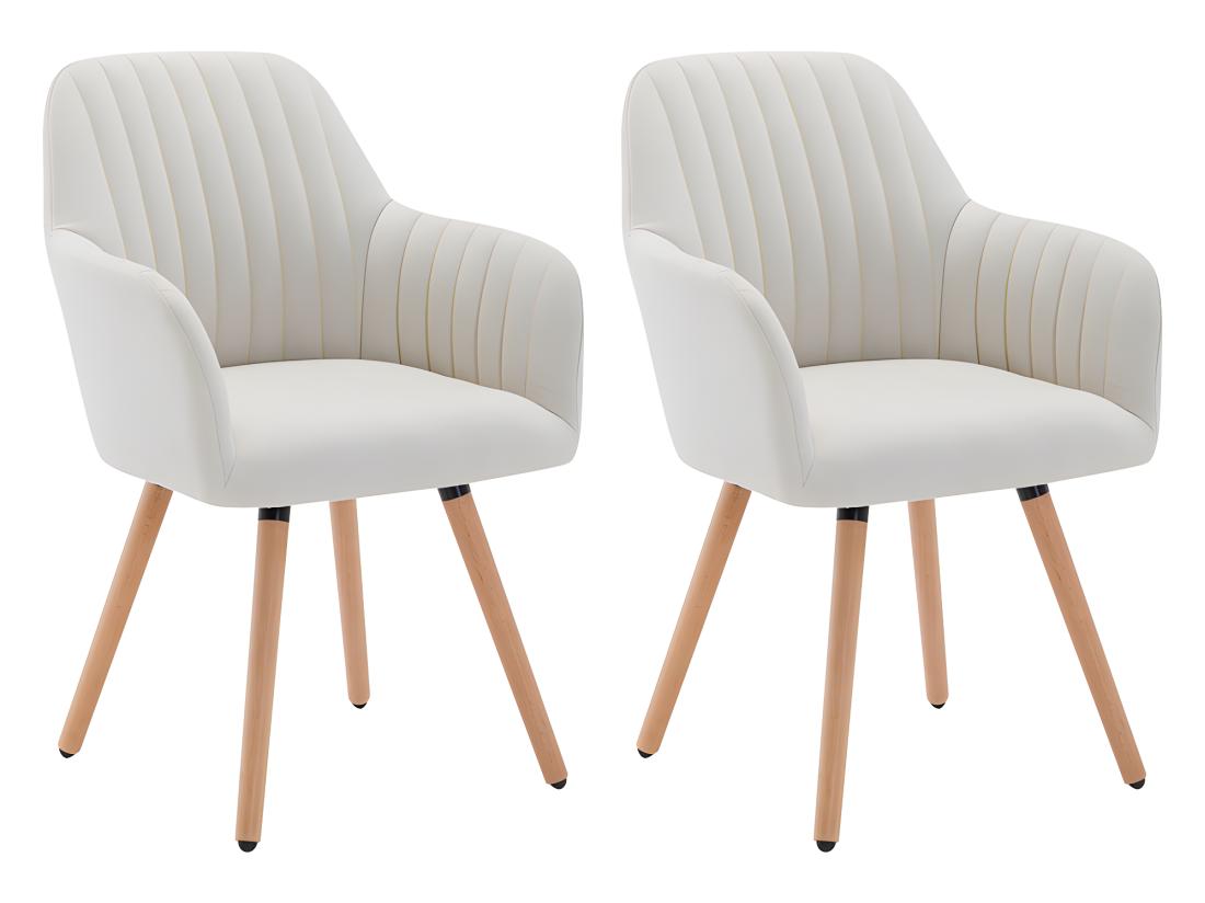 Vente Unique Lot De 2 Chaises Avec Accoudoirs - Tissu Et Pieds Bois De Hêtre - Crème - ELEANA