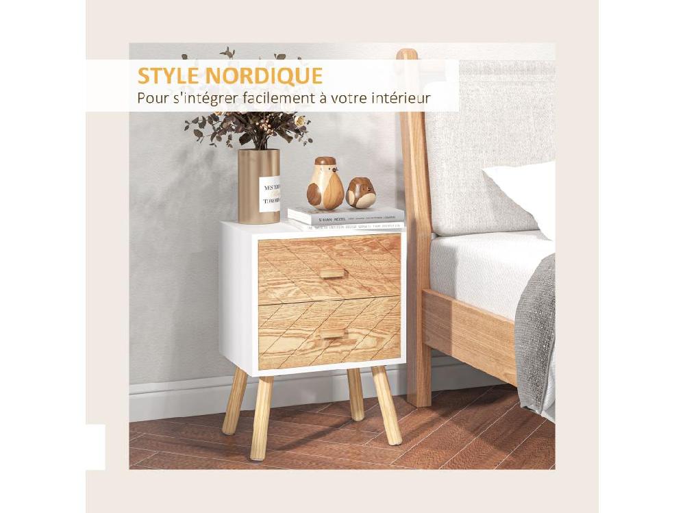Vente Unique Lot De 2 Chevets Tables De Nuit Design Scandinave - Total 4 Tiroirs - Bois Pin MDF Blanc Hêtre Motif Graphique