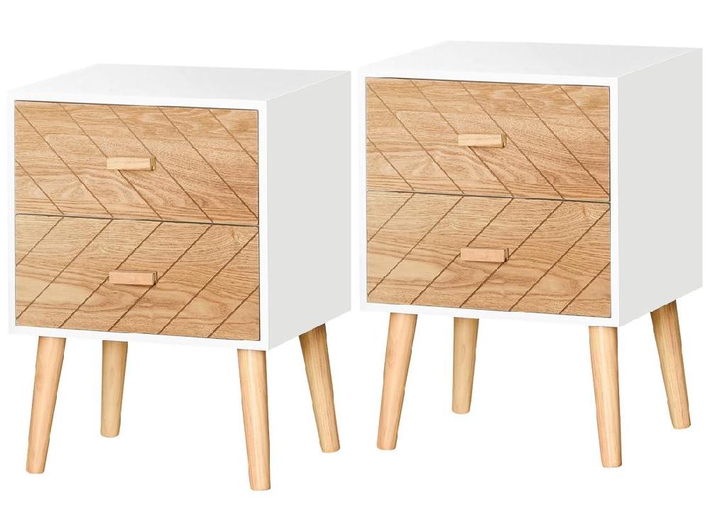 Vente Unique Lot De 2 Chevets Tables De Nuit Design Scandinave - Total 4 Tiroirs - Bois Pin MDF Blanc Hêtre Motif Graphique