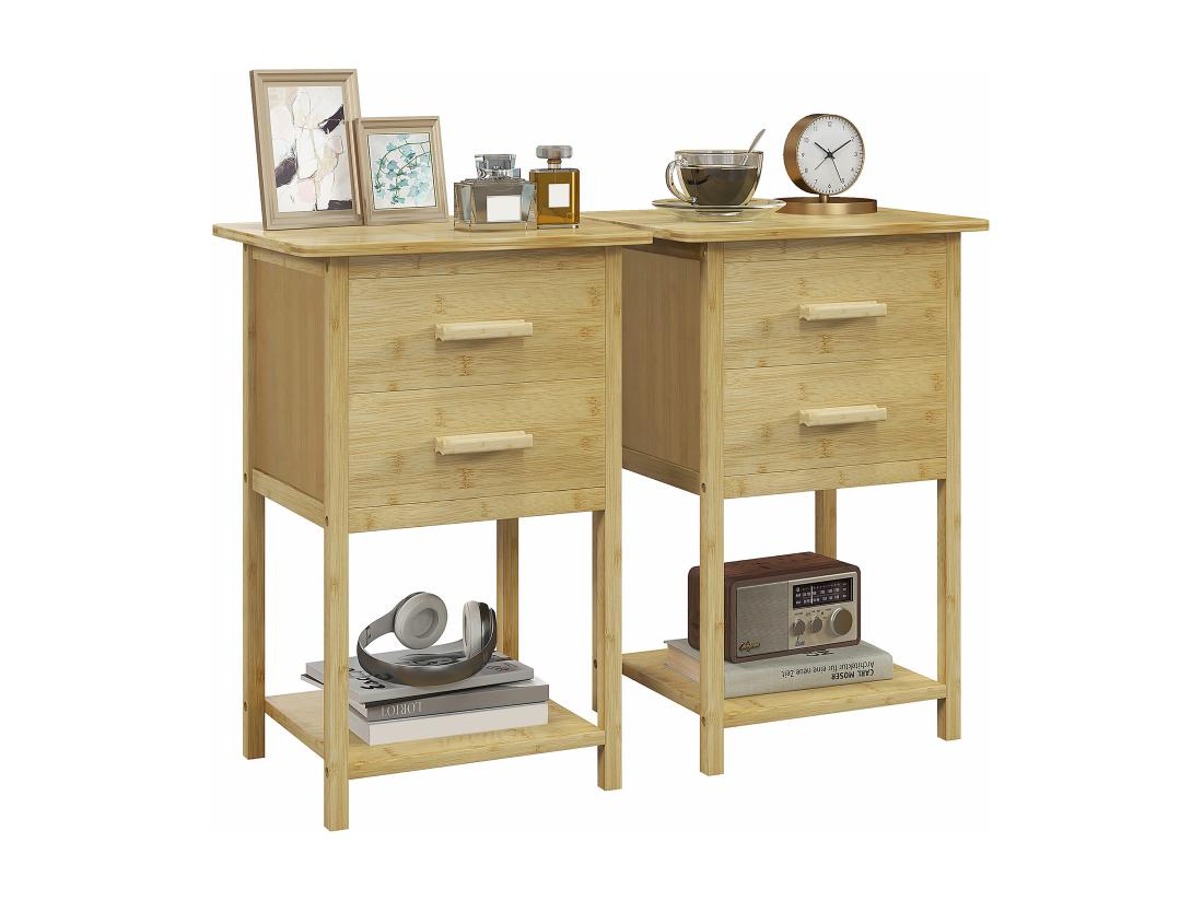 Vente Unique Lot De 2 Chevets Tables De Nuit Style Naturel - 2 Tiroirs étagère - Bois De Bambou Verni