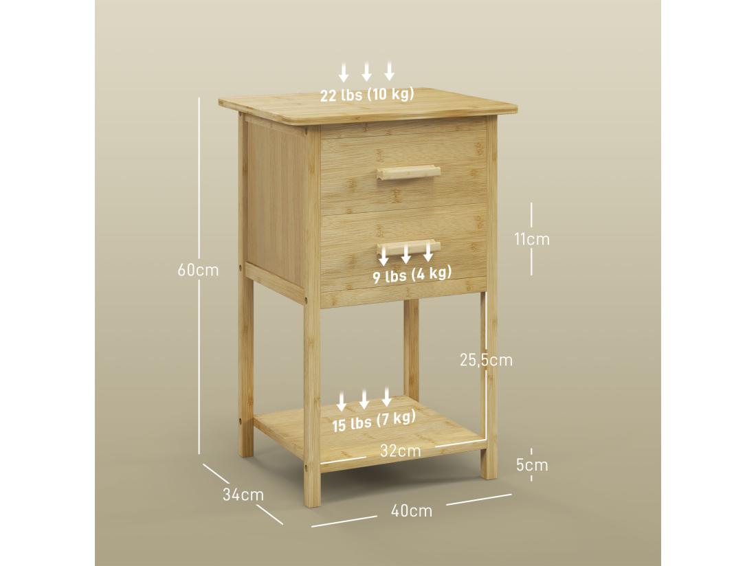 Vente Unique Lot De 2 Chevets Tables De Nuit Style Naturel - 2 Tiroirs étagère - Bois De Bambou Verni
