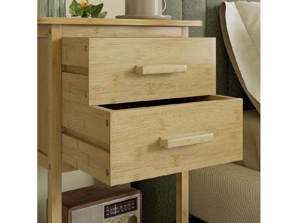Vente Unique Lot De 2 Chevets Tables De Nuit Style Naturel - 2 Tiroirs étagère - Bois De Bambou Verni