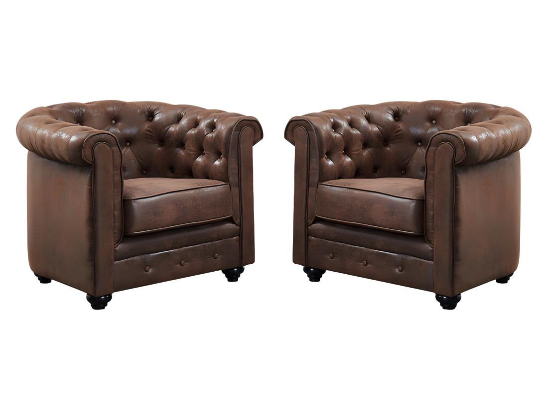 vente unique Lot de 2 Fauteuils CHESTERFIELD en microfibre aspect cuir vieilli