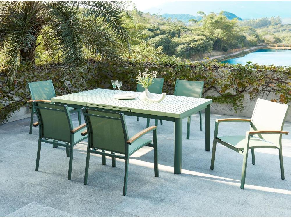 Vente Unique Lot De 2 Fauteuils De Jardin Empilables En Aluminium Et Textilène - Vert Amande Et Accoudoirs Acacia - TAIPIVAI De MYLIA