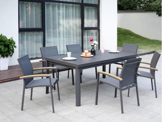Vente Unique Lot De 2 Fauteuils De Jardin Empilables En Aluminium Et Textilène - Anthracite Et Accoudoirs Acacia - TAIPIVAI De MYLIA