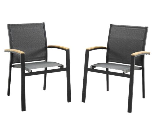vente unique Lot de 2 fauteuils de jardin empilables en aluminium et textilène - Anthracite et accoudoirs acacia - TAIPIVAI de MYLIA