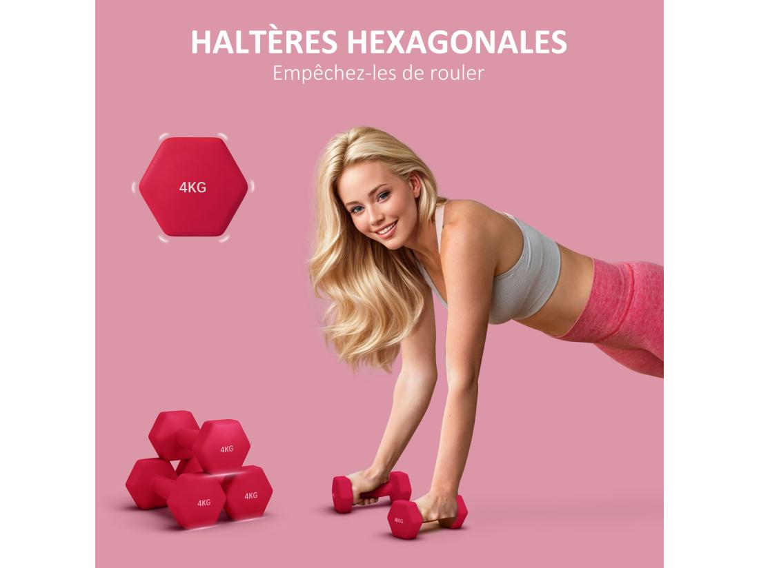 Vente Unique Lot De 2 Haltères Hexagonales 2 X 4 Kg - Poignée Antidérapante - Métal PVC Rouge