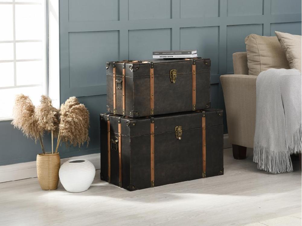 vente unique Lot de 2 malles en bois et MDF - Revêtement en simili - L. 64 x P. 39 x H. 34 cm et L. 54 x P. 30 x H. 30 cm - Marron foncé - MAHALIA