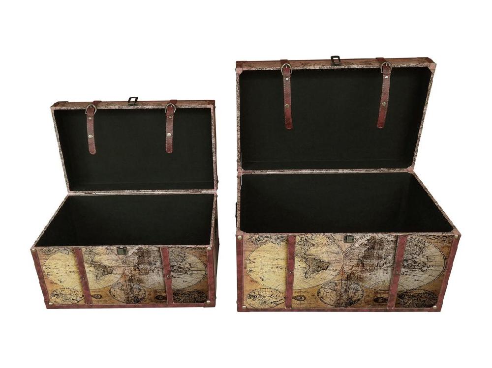 Vente Unique Lot De 2 Malles En Bois Motif Carte Du Monde - L. 69 X P. 43 X H. 40 Cm Et L. 59 X P. 36 X H. 33 Cm - Marron - AVENTURA
