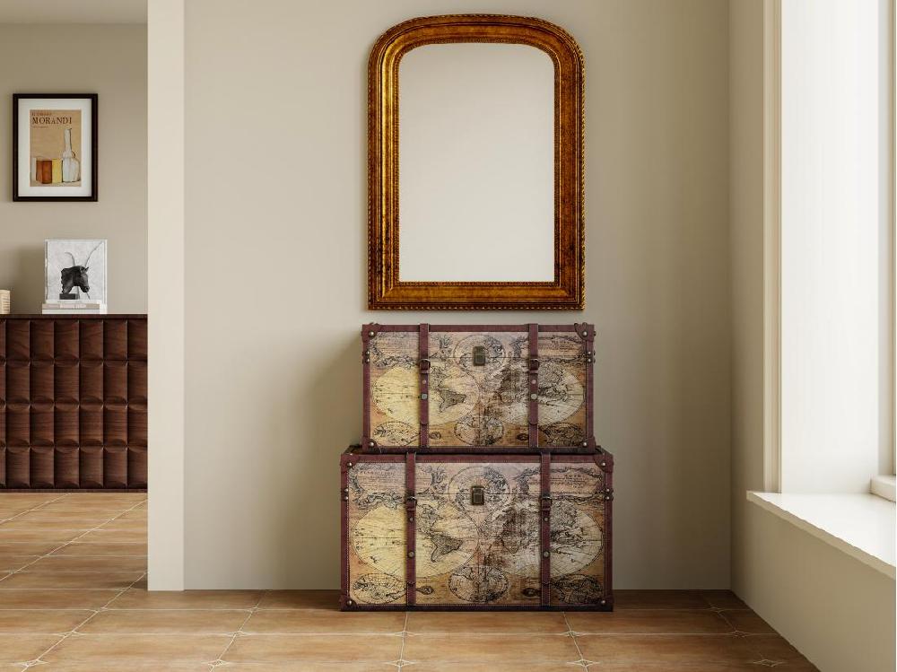 vente unique Lot de 2 malles en bois motif carte du monde - L. 69 x P. 43 x H. 40 cm et L. 59 x P. 36 x H. 33 cm - Marron - AVENTURA