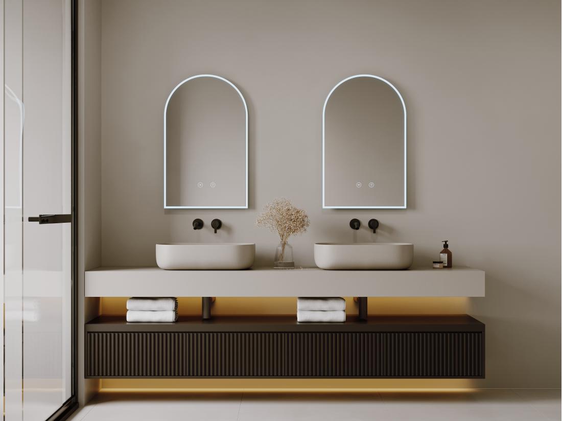 vente unique Lot de 2 miroirs de salle de bain en arche anti buée avec leds - L50 x H80 cm - ARCADI