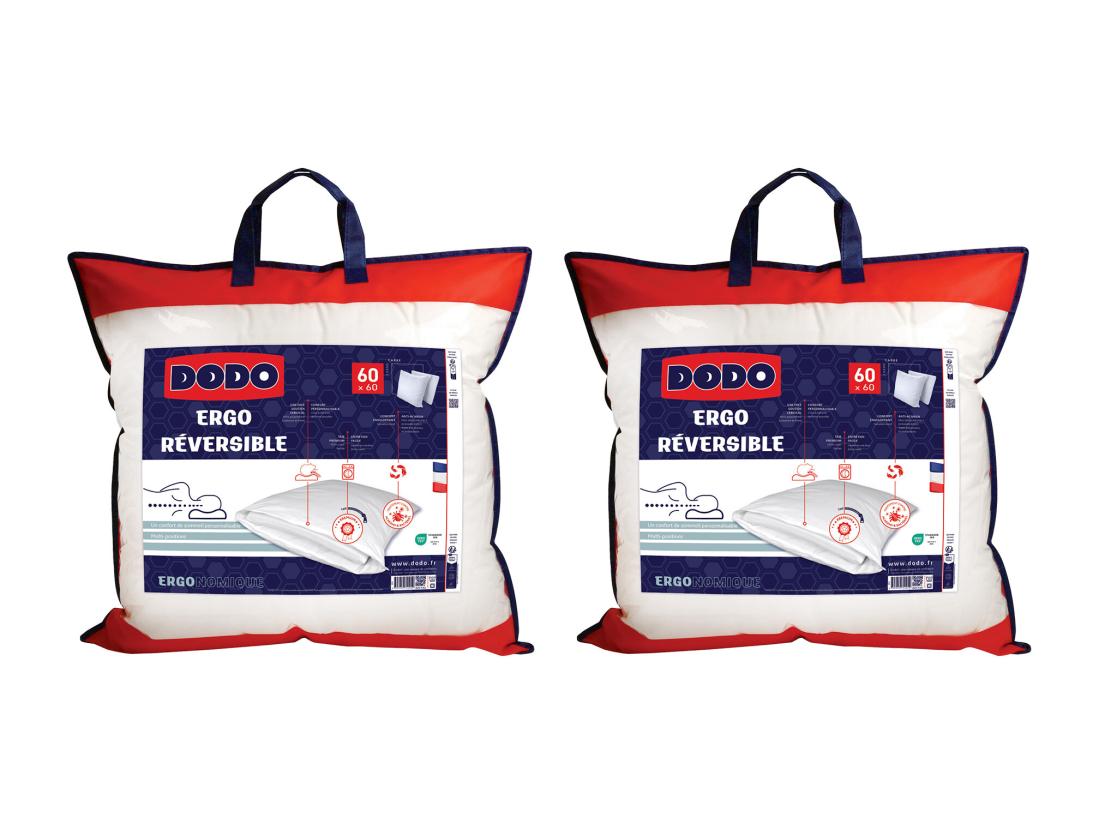 vente unique Lot de 2 oreillers DODO ergonomiques anti-acariens à mémoire de forme - 60 x 60 cm - COEUR ADAPT