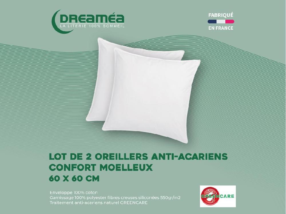 Vente Unique Lot De 2 Oreillers Traitement Anti-acariens Naturel Greencare - 60 X 60 Cm - 550 Gr - Blanc - Coton - AZYLIA