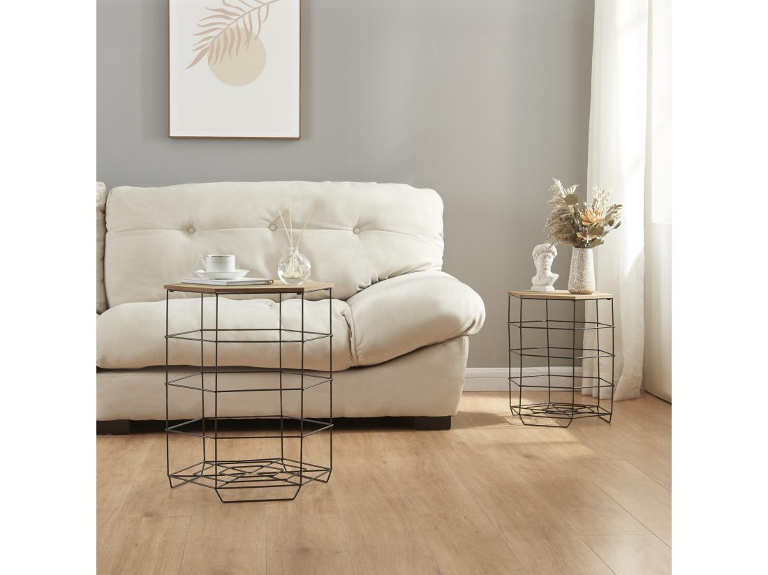 Vente Unique Lot De 2 Paniers En Métal Hørsholm Avec Plateau Amovible Hexagonal Noir / Effet Bois [en.casa]