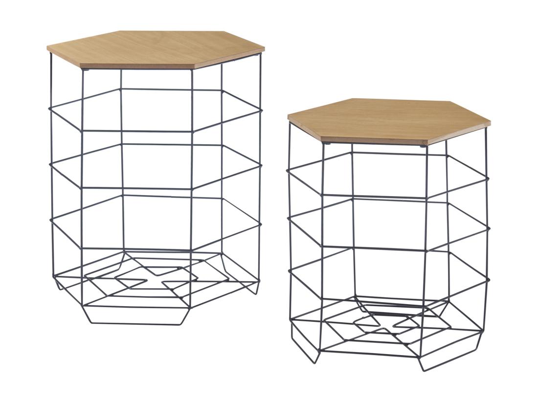 Vente Unique Lot De 2 Paniers En Métal Hørsholm Avec Plateau Amovible Hexagonal Noir / Effet Bois [en.casa]