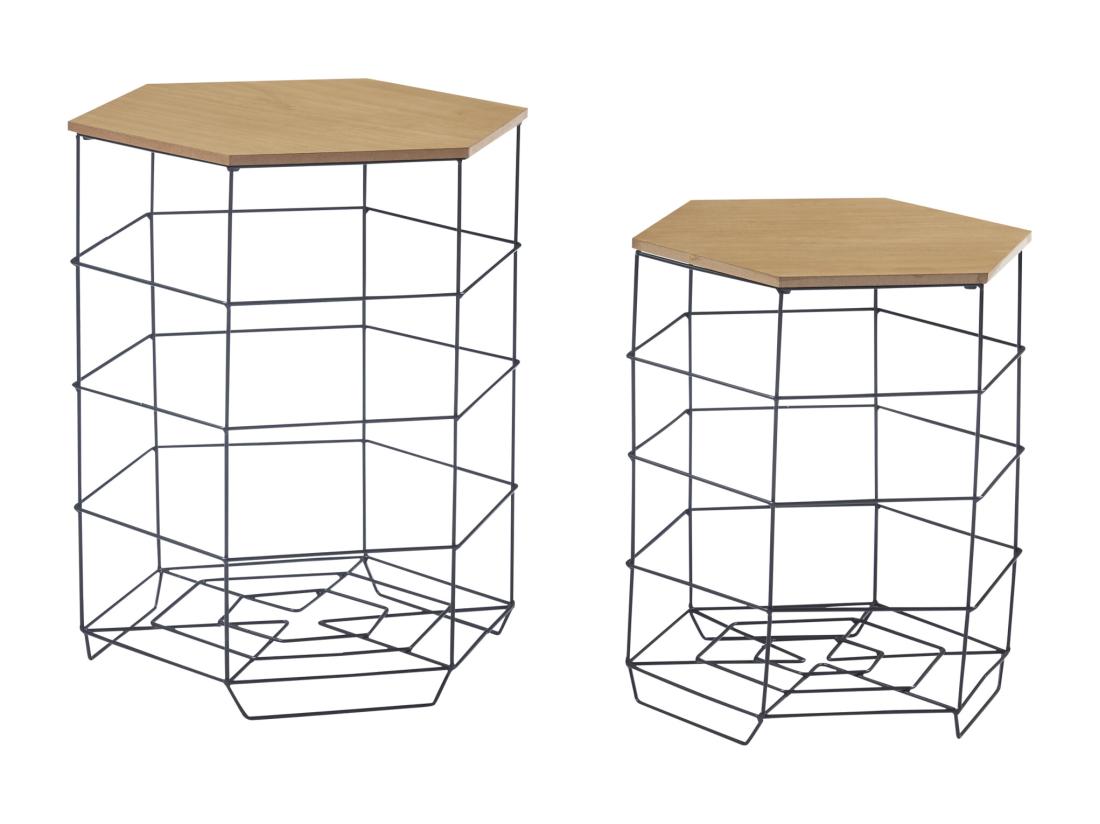 Vente Unique Lot De 2 Paniers En Métal Hørsholm Avec Plateau Amovible Hexagonal Noir / Effet Bois [en.casa]