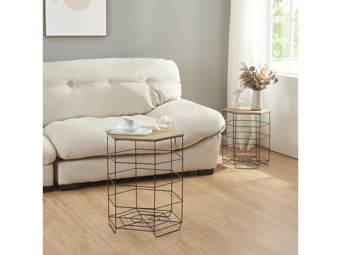 vente unique Lot de 2 paniers en métal Hørsholm avec plateau amovible hexagonal noir / effet bois [en.casa]