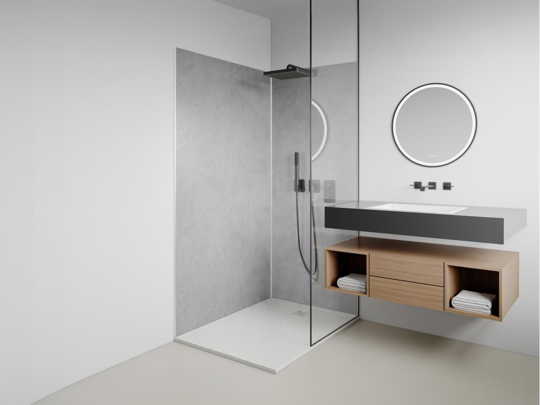 vente unique Lot de 2 panneaux muraux de douche effet béton ciré en aluminium avec profilés - L90 x L120 x H210 cm - ARFINO
