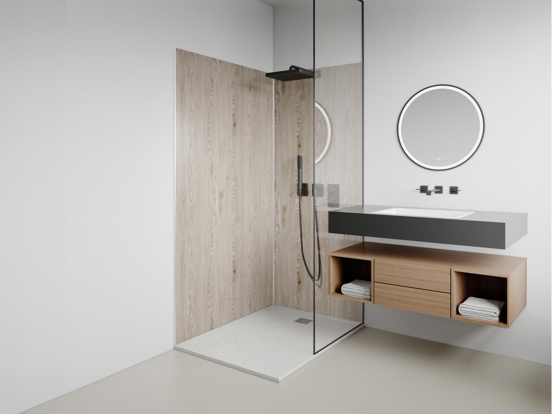 vente unique Lot de 2 panneaux muraux de douche effet bois clair en aluminium avec profilés - L90 x L120 x H210 cm - ENEKO