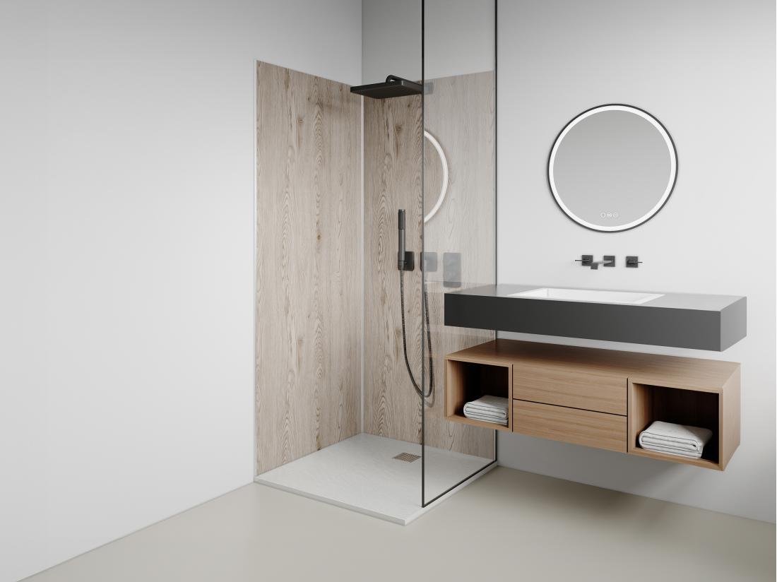 vente unique Lot de 2 panneaux muraux de douche effet bois clair en aluminium avec profilés - 2 x L90 x H210 cm- ENEKO