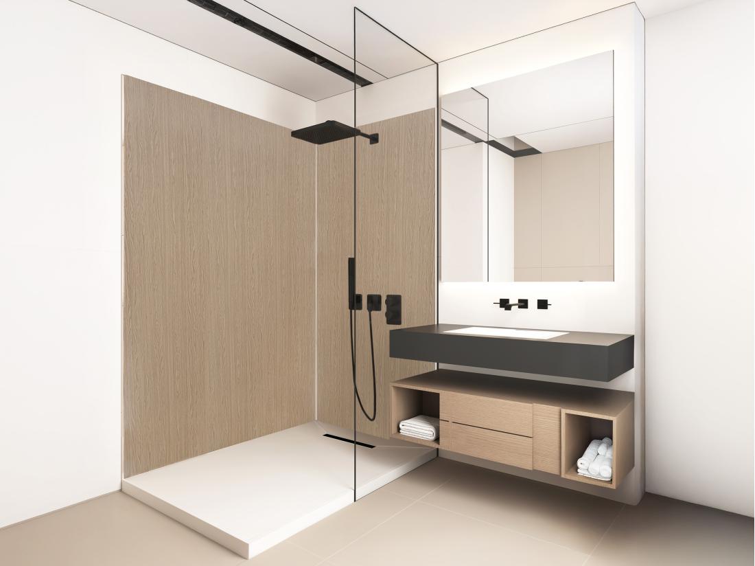 vente unique Lot de 2 panneaux muraux de douche effet bois en aluminium avec profilés - L90 x L120 x H210 cm - ENEKO