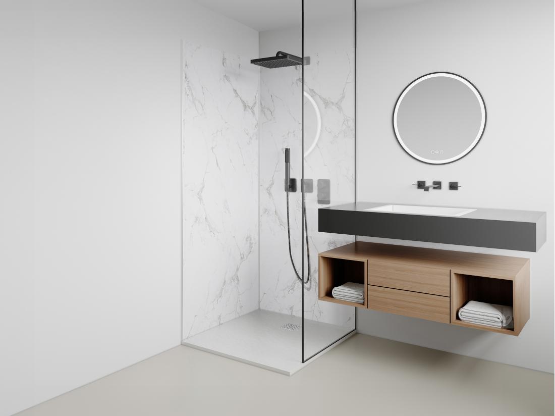 vente unique Lot de 2 panneaux muraux de douche effet marbre blanc en aluminium avec profilés - 2 x L90 x H210 cm - ENEKO