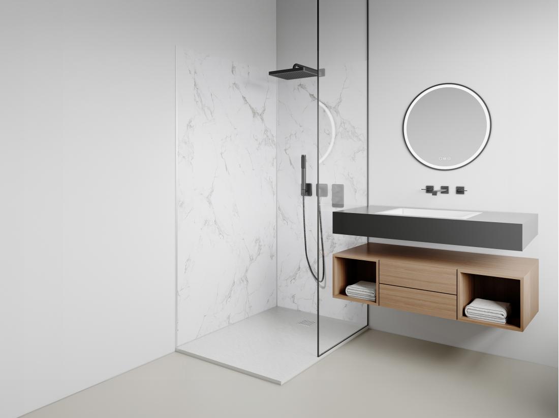 vente unique Lot de 2 panneaux muraux de douche effet marbre blanc en aluminium avec profilés - L90 x L120 x H210 cm - ENEKO