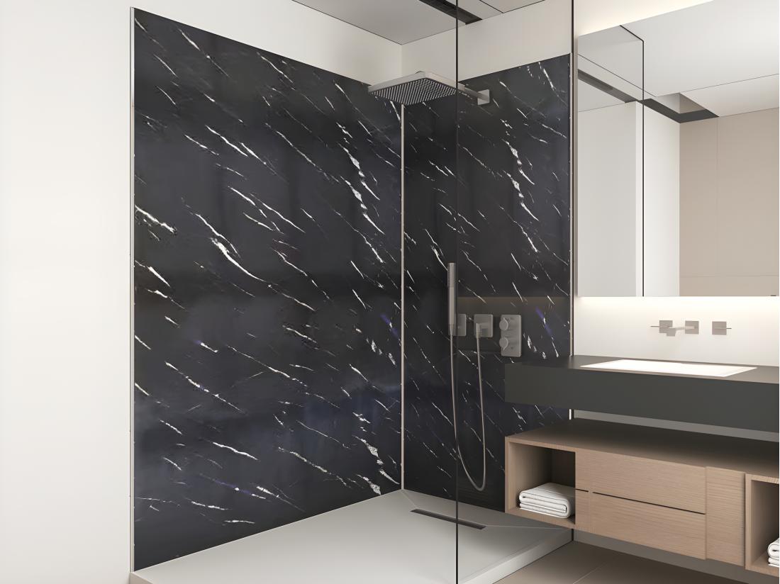 vente unique Lot de 2 panneaux muraux de douche effet marbre en aluminium avec profilés - L90 x L120 x H210 cm - ENEKO