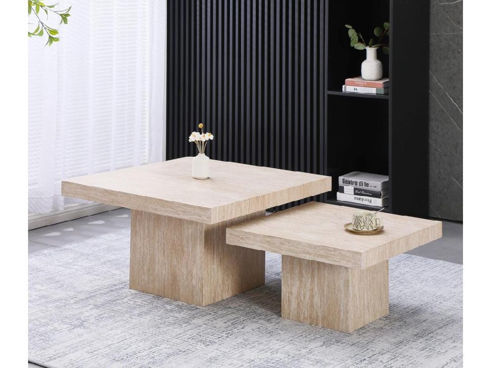 vente unique Lot de 2 tables basses - Effet travertin beige - LILI
