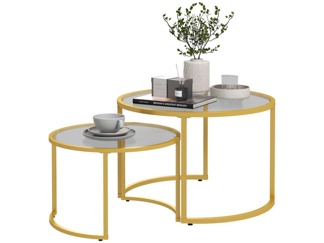 Vente Unique Lot De 2 Tables Basses Gigognes Rondes Style Art Déco - Acier Doré Verre Trempé 5 Mm