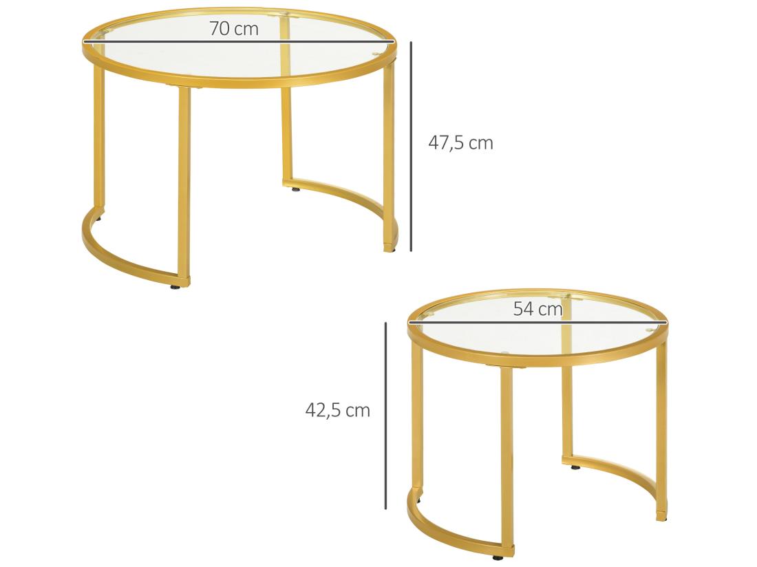 Vente Unique Lot De 2 Tables Basses Gigognes Rondes Style Art Déco - Acier Doré Verre Trempé 5 Mm