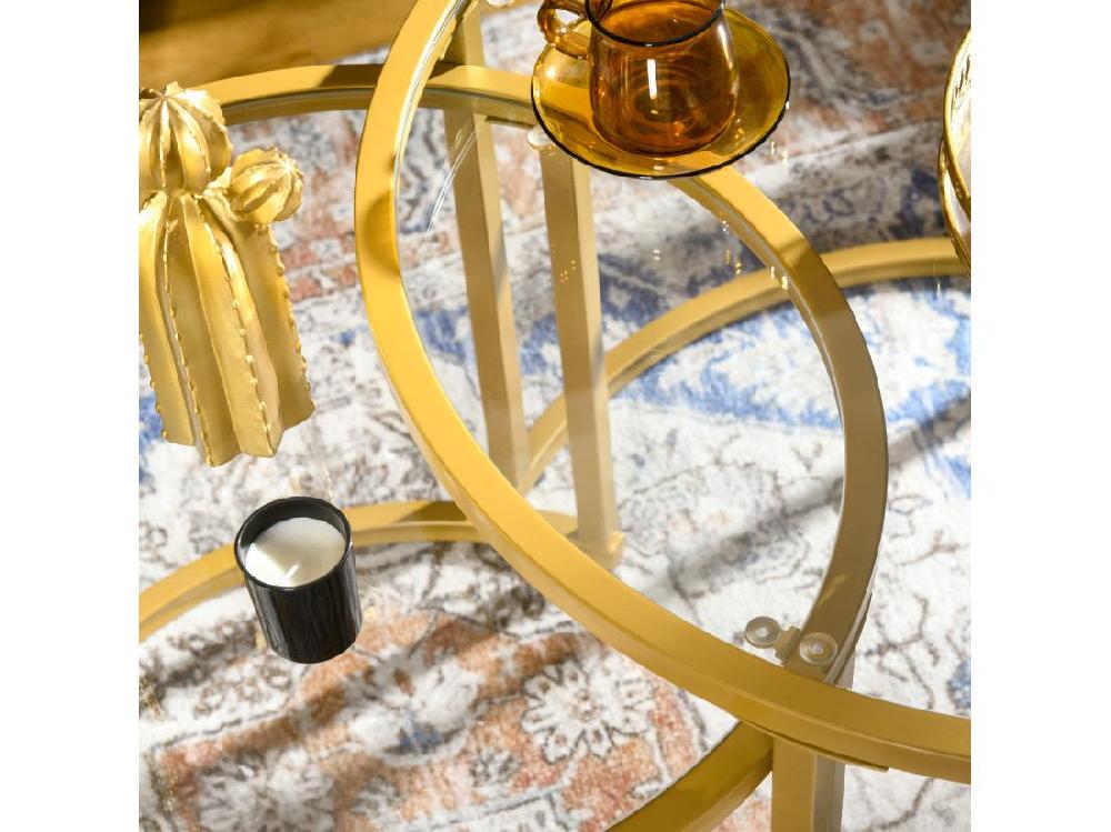 Vente Unique Lot De 2 Tables Basses Gigognes Rondes Style Art Déco - Acier Doré Verre Trempé 5 Mm