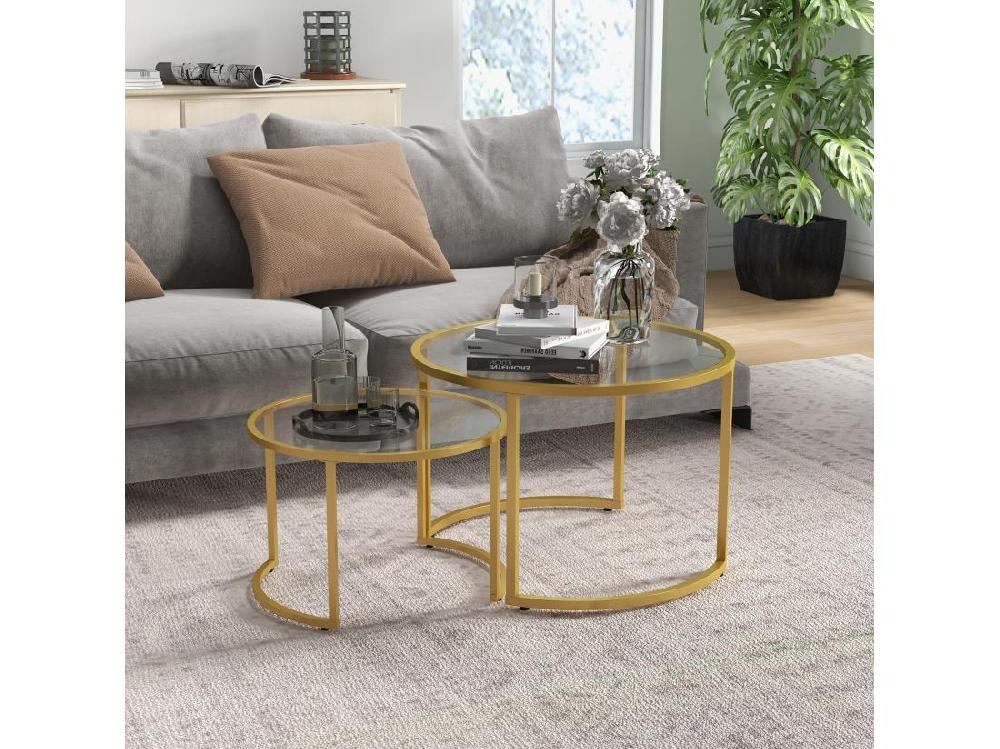 vente unique Lot de 2 tables basses gigognes rondes style art déco - acier doré verre trempé 5 mm