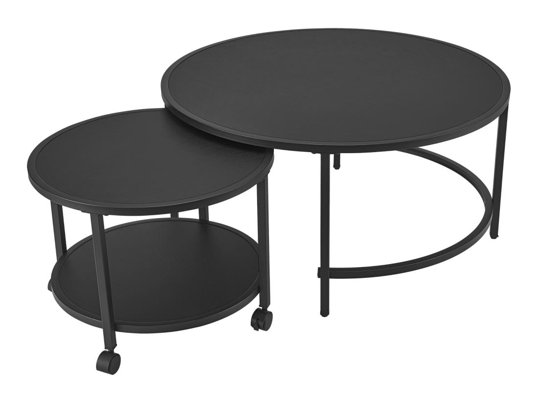 Vente Unique Lot De 2 Tables Basses Værøy Rondes Gigognes à Roulettes Et Espace De Rangement Noir [en.casa]