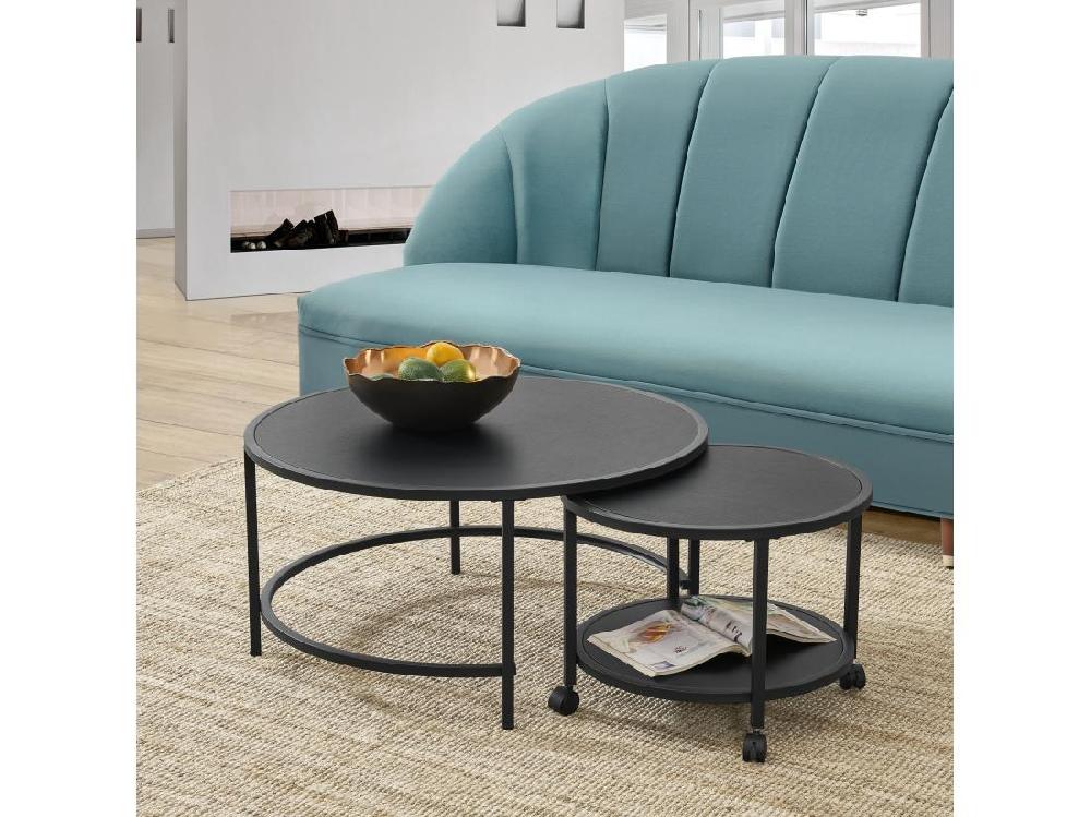 vente unique Lot de 2 tables basses Værøy rondes gigognes à roulettes et espace de rangement noir [en.casa]