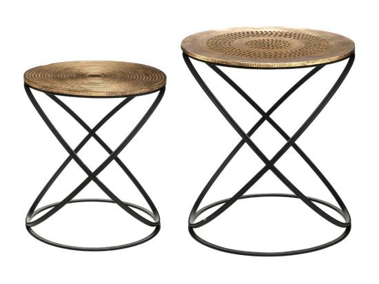 Vente Unique Lot De 2 Tables D'appoint Pied En Métal Et Plateau En Bois Déco Ethnique