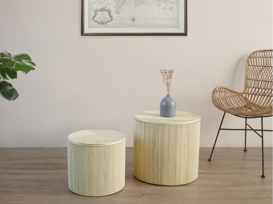 vente unique Lot de 2 tables d'appoint rondes avec rangement - Rotin - D. 50 x H. 46 cm et D. 39.5 x H. 36 cm - Naturel clair - GABES