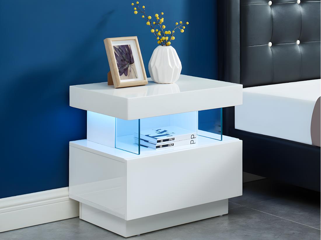 vente unique Lot de 2 tables de chevet 1 tiroir et 1 niche - Avec LEDs - MDF - Blanc laqué - FABIO II