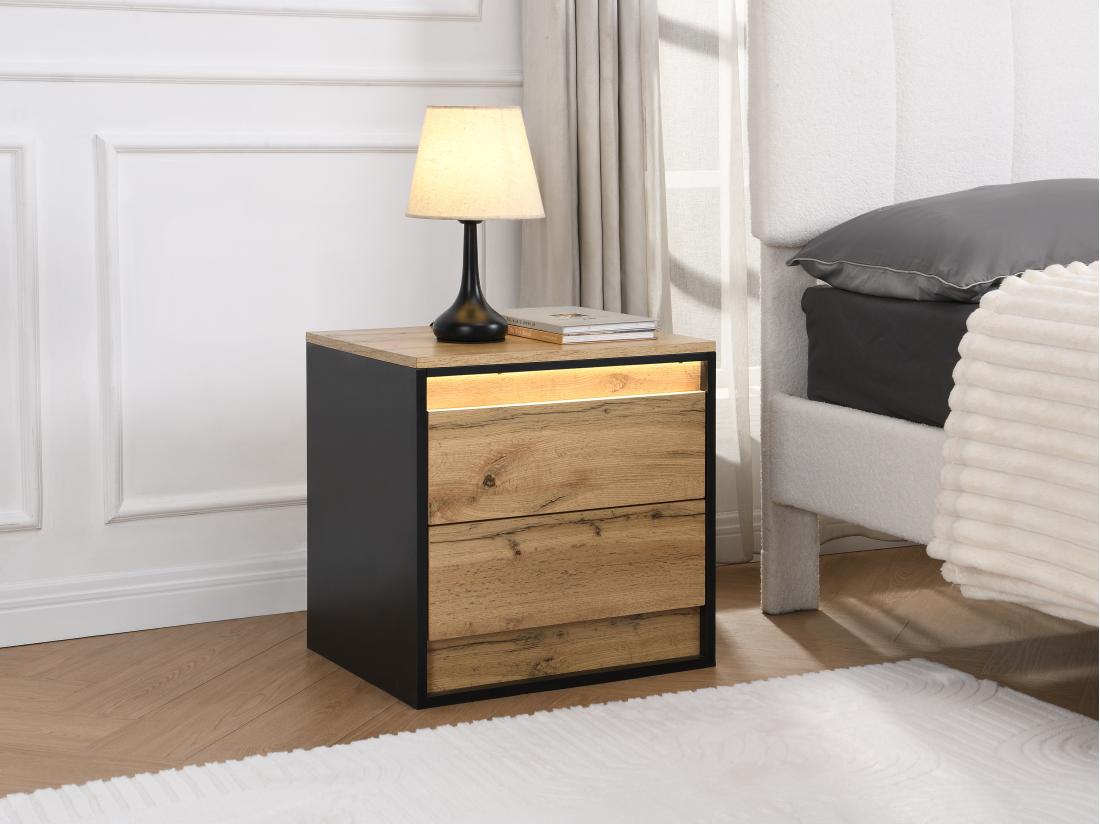 vente unique Lot de 2 tables de chevet 2 tiroirs - Avec LEDs - MDF - Coloris : Naturel et noir - RUKALO