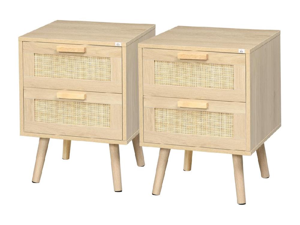 Vente Unique Lot De 2 Tables De Chevet 2 Tiroirs Chacune Cannage Rotin Bois Panneaux Aspect Bois Clair