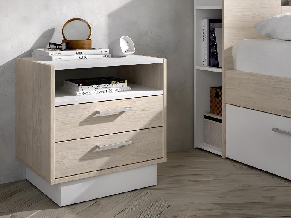 vente unique Lot de 2 tables de chevet 2 tiroirs et 1 niche - Coloris : Naturel et blanc - LEANDRE