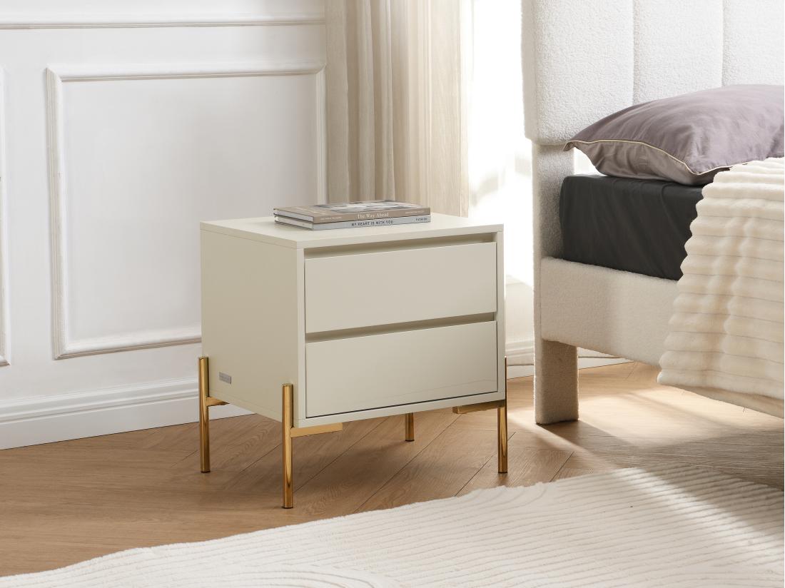 vente unique Lot de 2 tables de chevet 2 tiroirs - MDF et métal - Beige et doré - KORASA de Pascal Morabito
