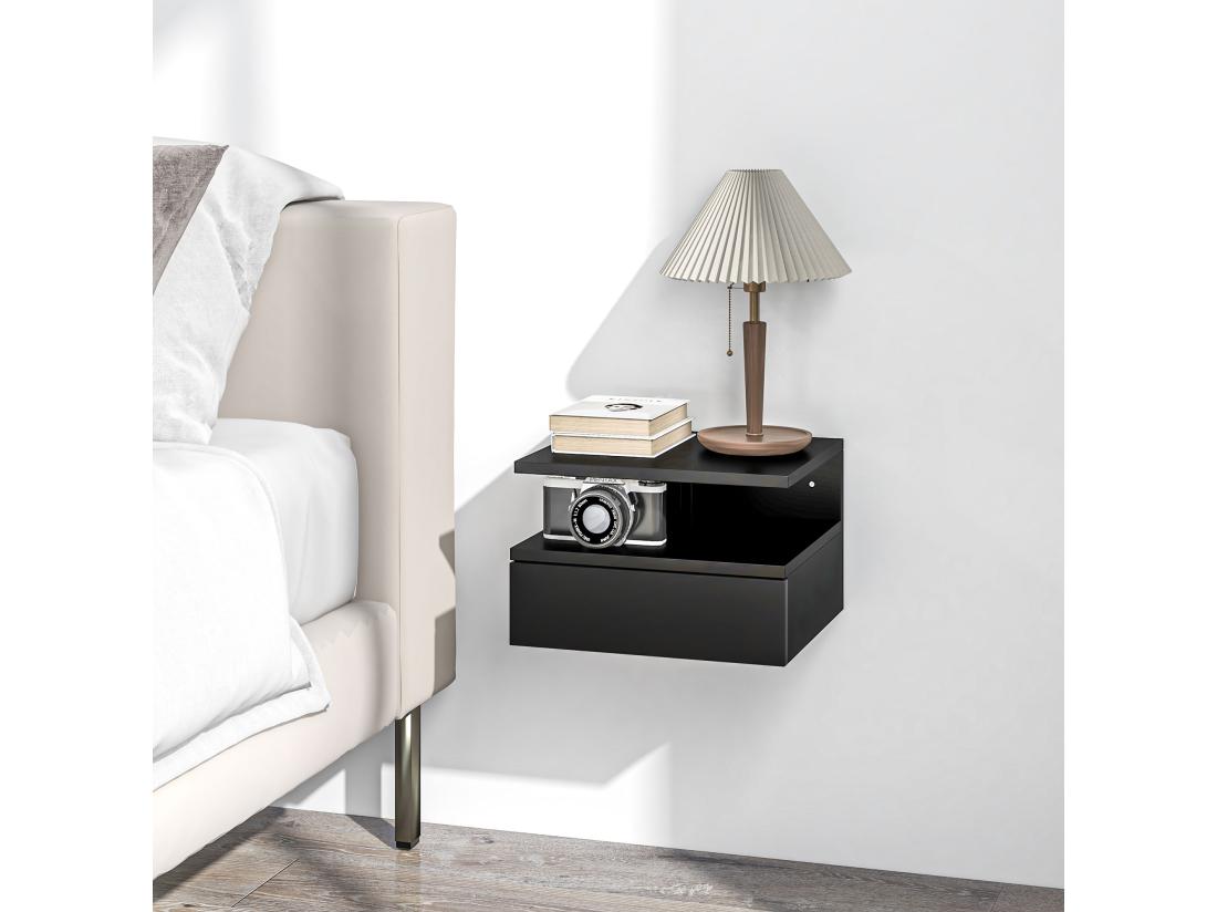 vente unique Lot de 2 tables de chevet murales - lot de 2 tables de nuit - tiroir coulissant niche et plateau - panneau particules noir