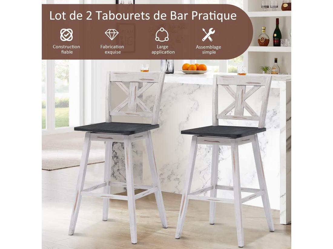 Vente Unique Lot De 2 Tabourets De Bar Chaise De Bar Pivotant à 360° En Bois D'hévéa Avec Dossier Et Repose-pieds