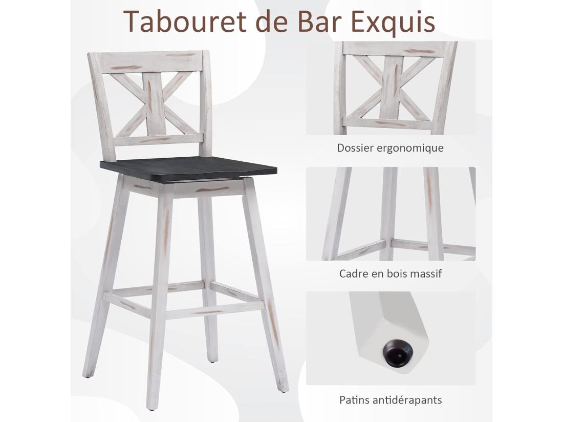 Vente Unique Lot De 2 Tabourets De Bar Chaise De Bar Pivotant à 360° En Bois D'hévéa Avec Dossier Et Repose-pieds