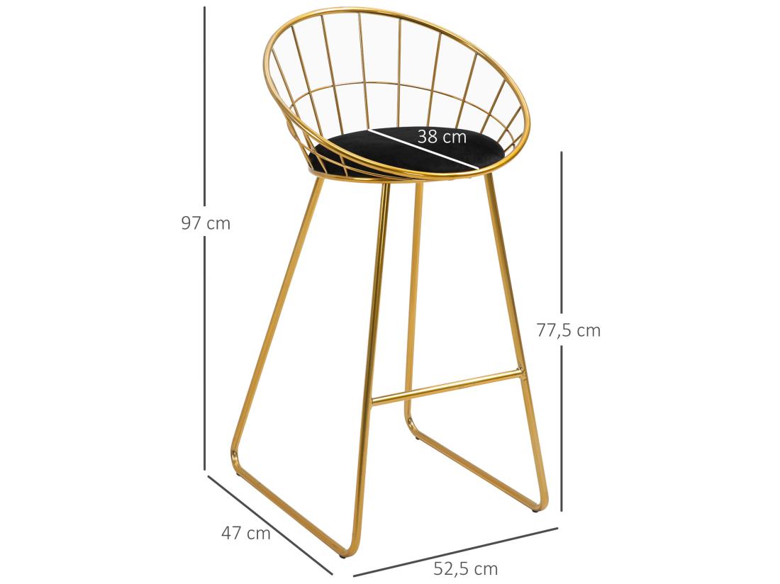 Vente Unique Lot De 2 Tabourets De Bar Design Avec Repose-pied Structure Métal Et Coussin Velours 52 5 X 47 X 97 Cm Noir Et Doré