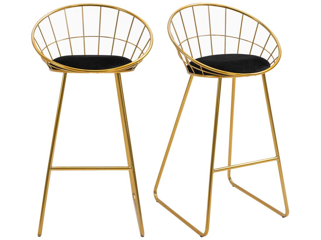 Vente Unique Lot De 2 Tabourets De Bar Design Avec Repose-pied Structure Métal Et Coussin Velours 52 5 X 47 X 97 Cm Noir Et Doré